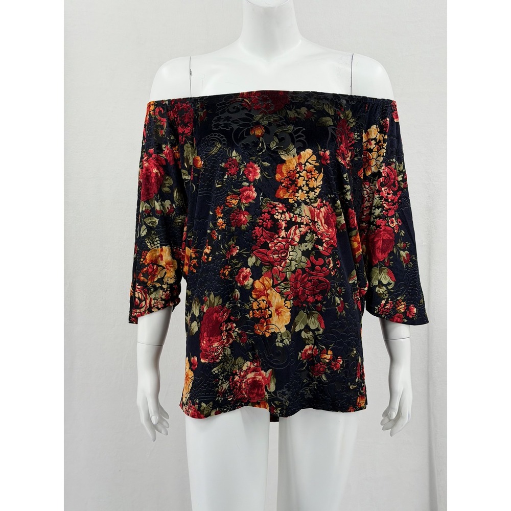 Dream Dance Top Womens XS Navy Red Floral Velvet Off the Shoulder Boho Autumn